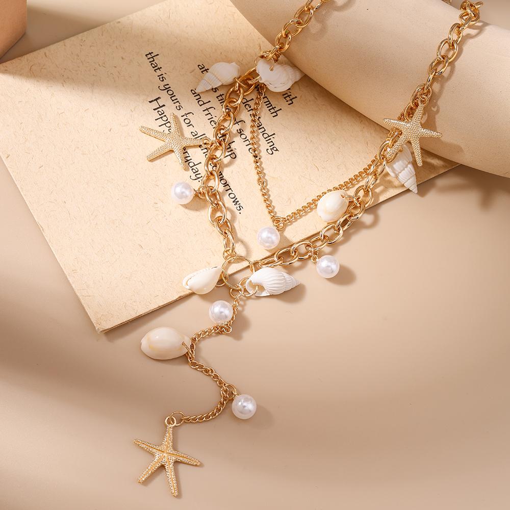Bohemia Summer Beach Shell Conch Starfish Necklace for Women Girls Multilayer Choker Necklaces Chain Jewelry Gifts