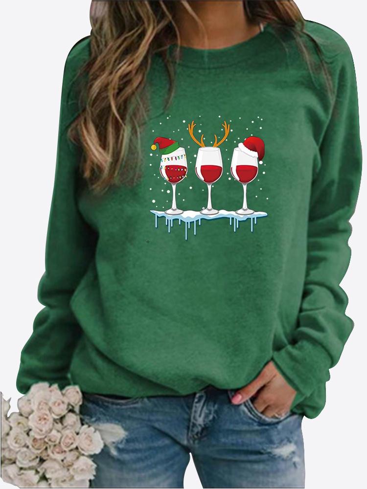 Women Autumn and Winter Clothing Christmas Deer Printed Casual Sweatshirt Long Sleeve Tops T-shirt Ladies Round Neck Pullover Blouse