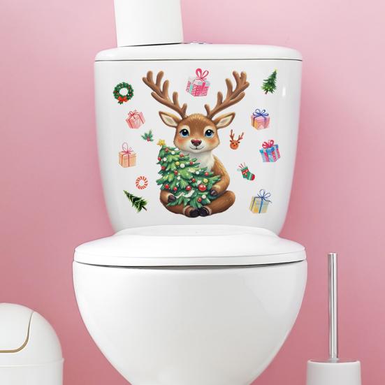 Merry Christmas Toilet Sticker Waterproof Self-adhesive PVC Living Room Bathroom Wall Santa Car Reindeer Stocking Toilet Seat Lid Decoration Decal