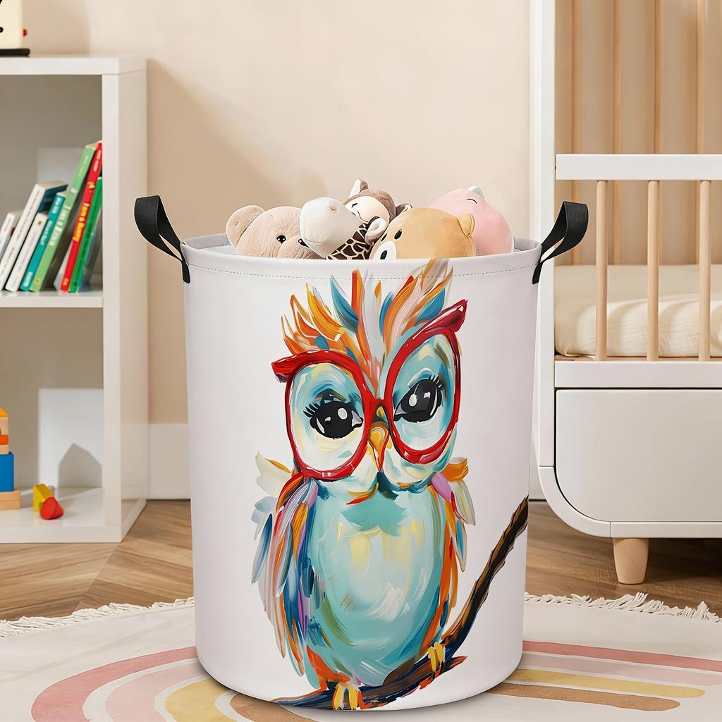 1pc Foldable Owl Laundry Basket with Red Glasses & Sturdy Handle - Colorful Owl Hamper Organizer Suitable for Dorm,, Room, Toy Storage Bin, Portable B