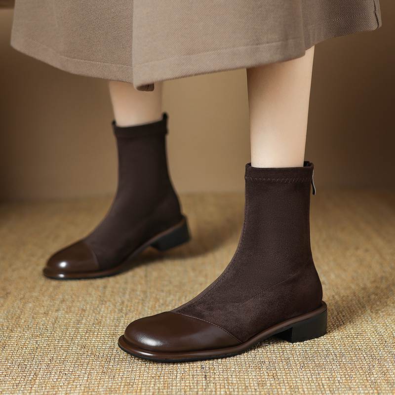 Krazing Pot Флок Осенне-зимняя обувь Низкий каблук Размер 43 Стрейч-сапоги Задняя вставка Прямой стиль Эластичные ботильоны