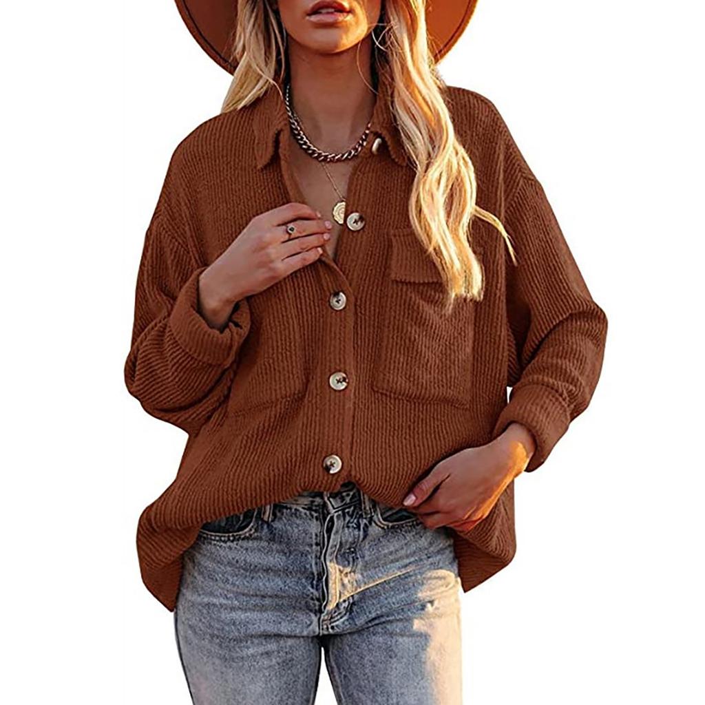 Women's And Winter Loose Corduroy Lapel Double Pockets Long-Sleeved Shirt Jacket