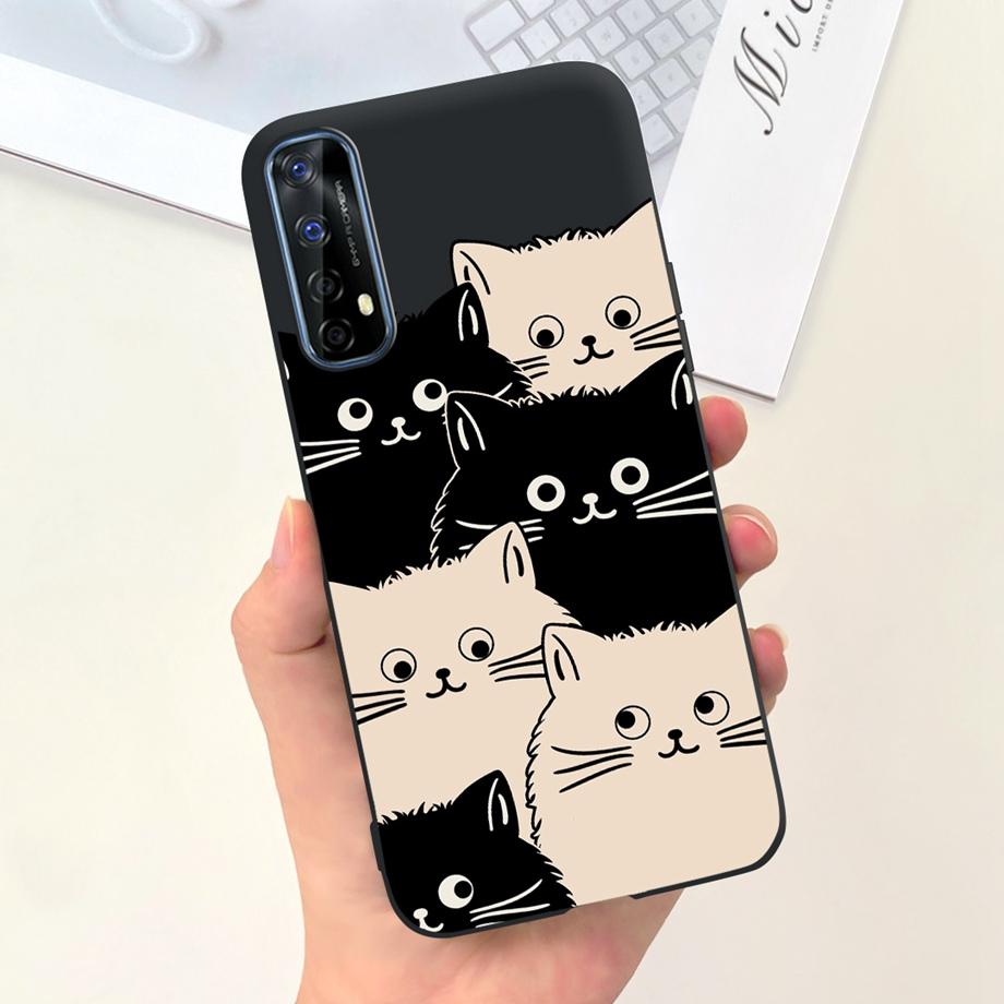 For Realme 7 4G Global Version Case Matte Liquid Silicone Bumper Shell For Realme7 RMX2155 Back Cover Lovely Cat Design Fundas