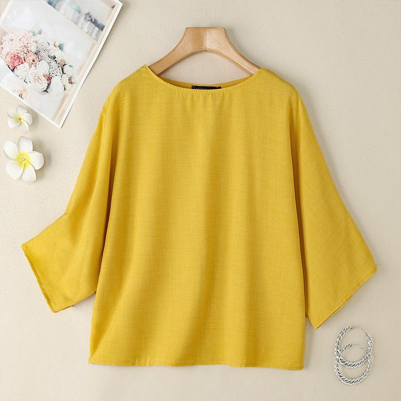 ZANZEA Women Casual Round Neck 3/4 Sleeve Loose Plain Blouse