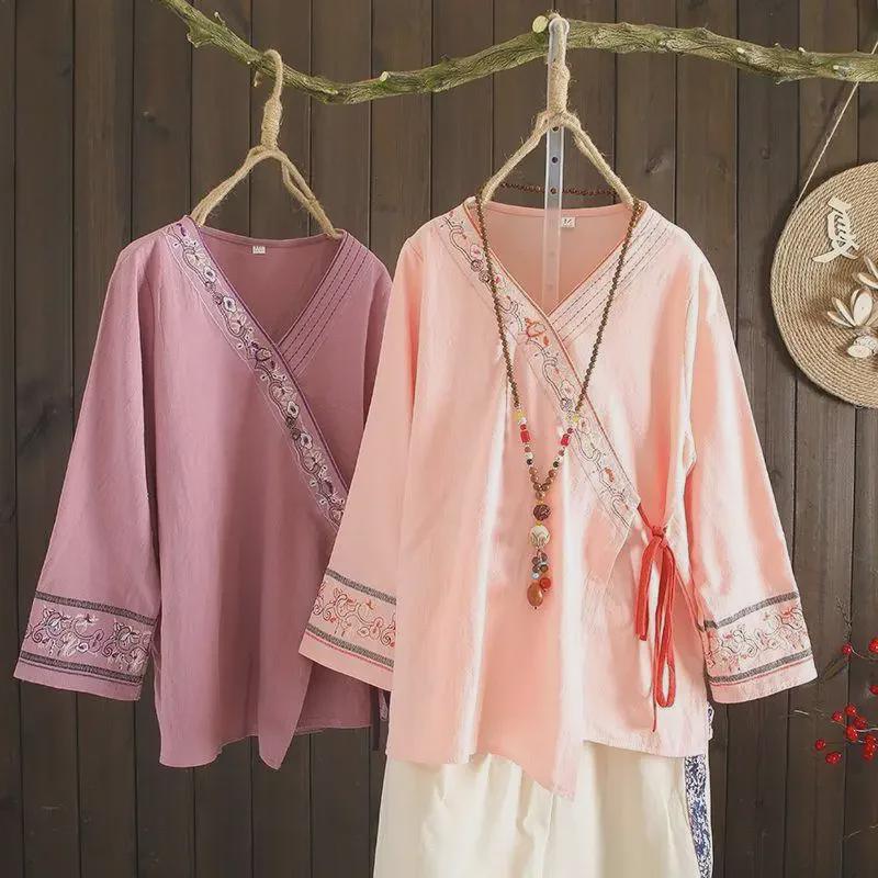 Женская свободная рубашка-пуловер из хлопка и льна с вышивкой в китайском стиле и шнуровкой – Верх платья для чайной вечеринки весна/лето