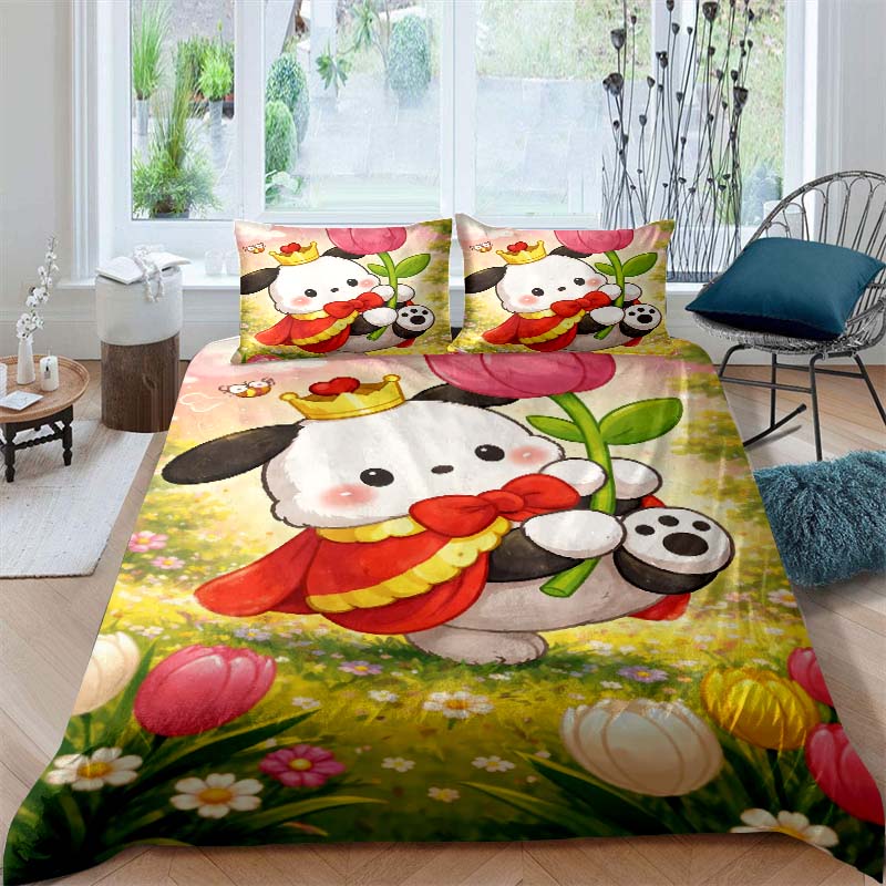 The new cartoon Pochacco dog themed three piece bedding set for 2026, including duvet covers and pillowcases, is the perfect cho