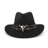 QBHAT Unisex Carnival Cowboy Fashion Hat Roll Brim Wool Felt Fedora Mens Ladies Western Hats Metal Bullhead Decorated Trilby