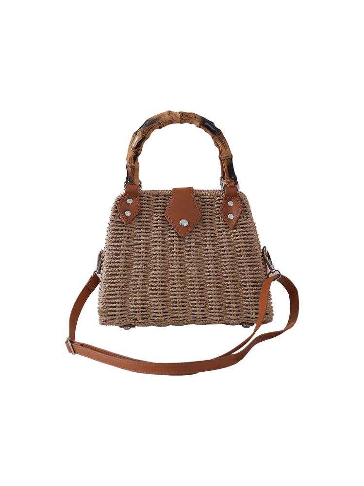 Vintage Woven Straw Bag with Bamboo Handle, Shoulder & Handbag 2-in-1, Women's Bohemian Tote for Commute