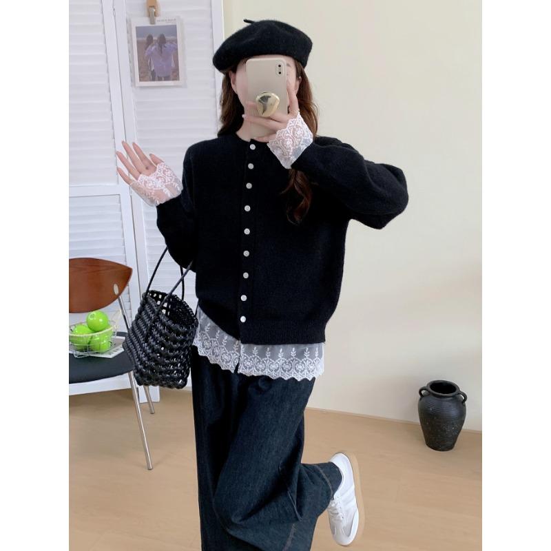 Женский трикотажный кардиган-жакет на осень и зиму, новый сезон, модный универсальный дизайн, кружевные вставки, вязаный кардиган-топ для женщин