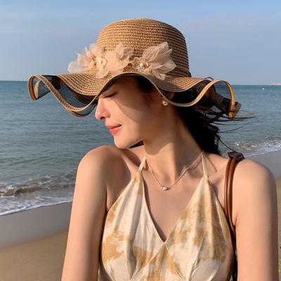 Летняя новая шляпа женская жемчужно-цветочная пляжная шляпа плетеная соломенная шляпа для путешествий на открытом воздухе с большими полями шляпа от солнца