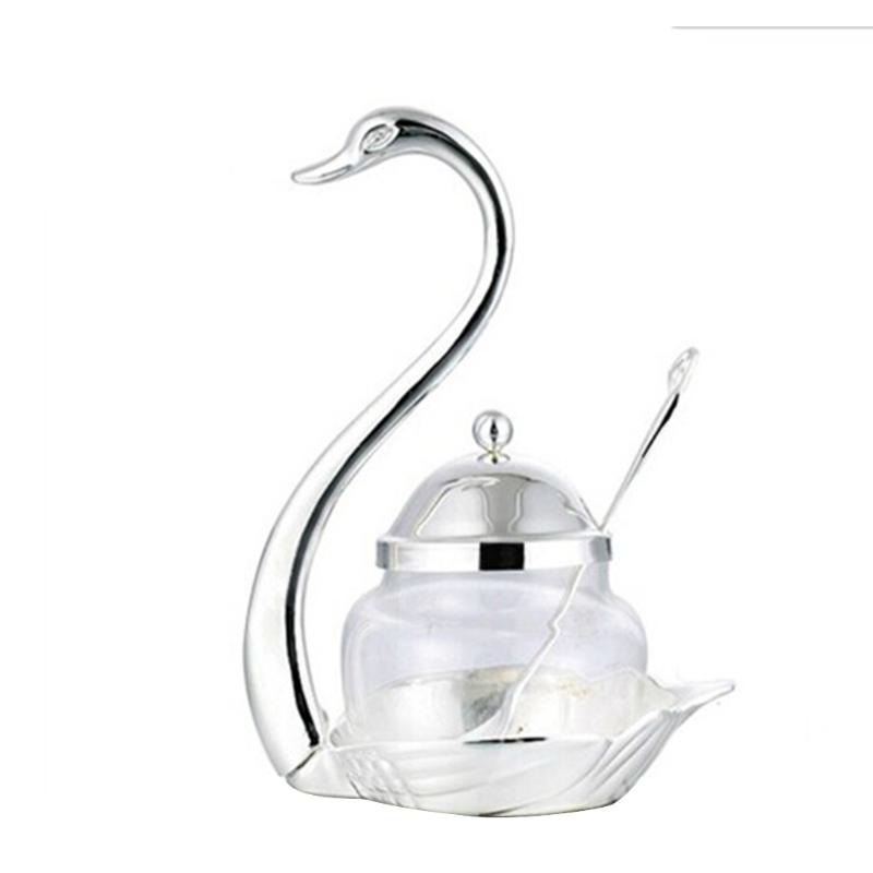 Alloy Condiment Pot Seasoning Container Spice Glass Jar Salt Sugar Bowl Pepper Coffee Storage Organizer Swan Rack Set