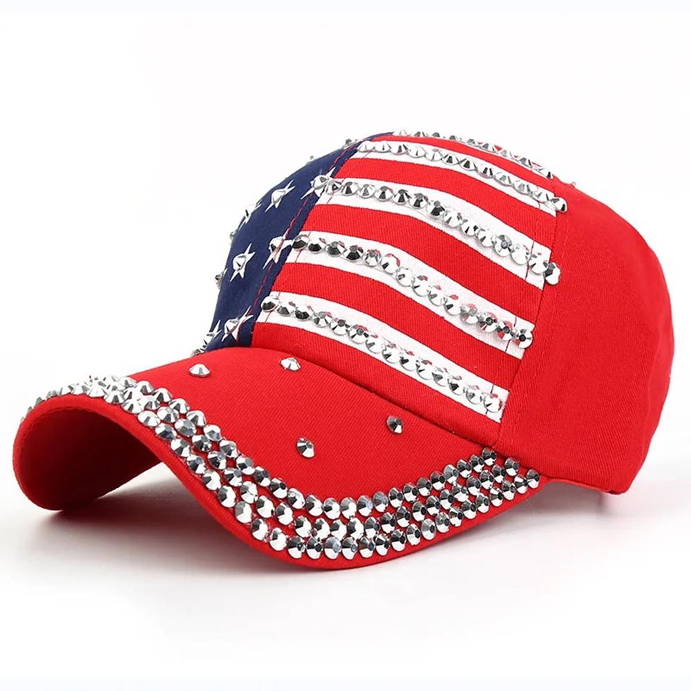 Бейсболка с флагом США, заклепки-ромбы, Snapback, регулируемая, унисекс, для рэпа, рока