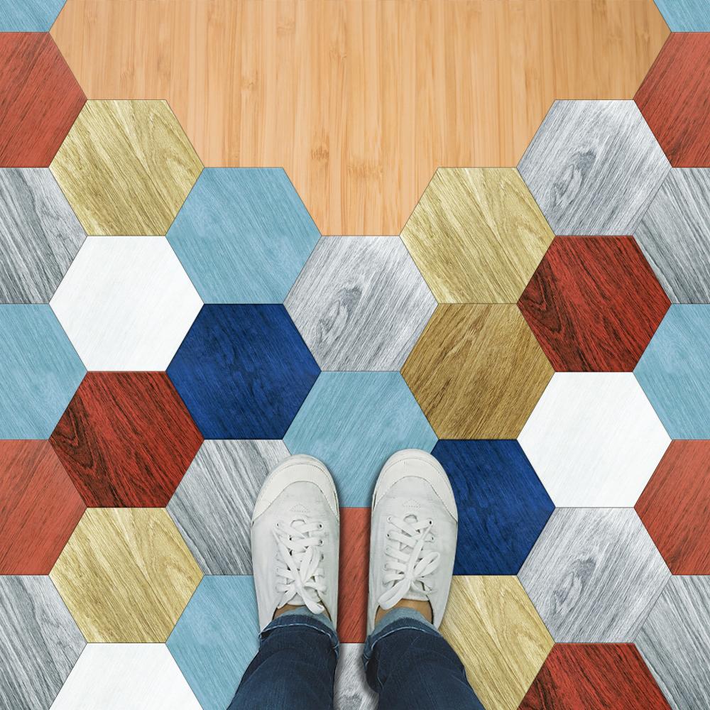 10pcs Birmingham Wood Grain Hexagon Tiles Floor Stickers Kitchen Bathroom TV Sofa Wall Home Decor Peel and Stick Art Wall Decals