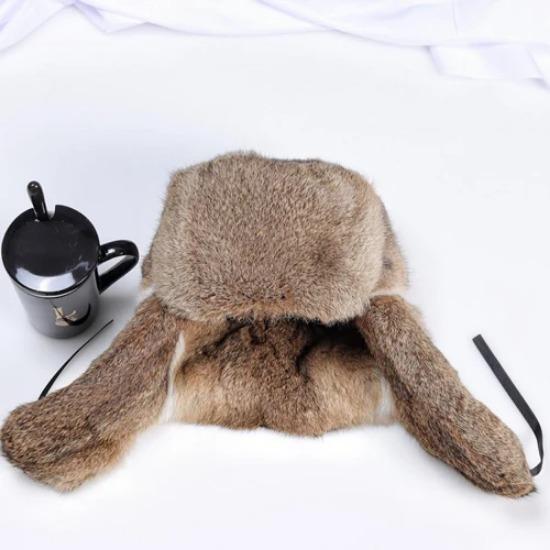 Rabbit Fur Cap Man Winter Genuine Fur Bomber Hat Windproof Warm Earmuffs Male Flat Grey/Black Russian Winter Rabbit Fur Hat
