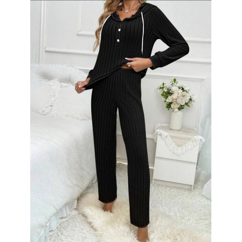 Women's Home Wear Set Casual Fashion Pit Strip Brushed Long-sleeved Hooded Button T-shirt Trousers