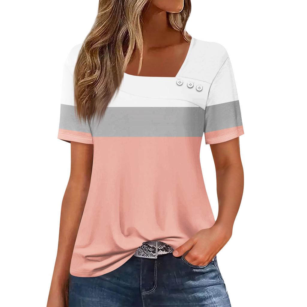 Женская повседневная футболка с асимметричным вырезом и коротким рукавом, декоративная пуговица