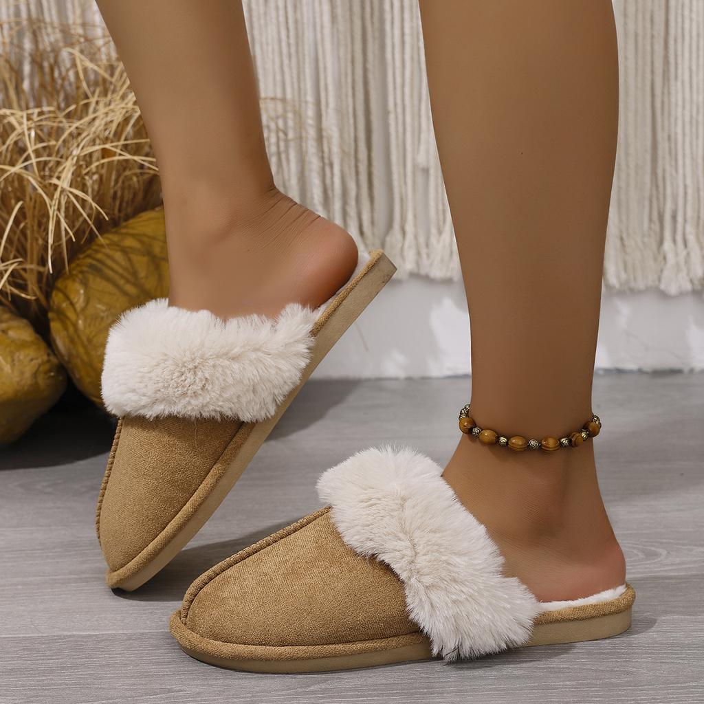 Fashion Casual Faux Fur Suede Indoor Slippers Women 2025 Winter Soft Sole Flat Heel Slides Warm Short Plush Winter Non Slip Shoes