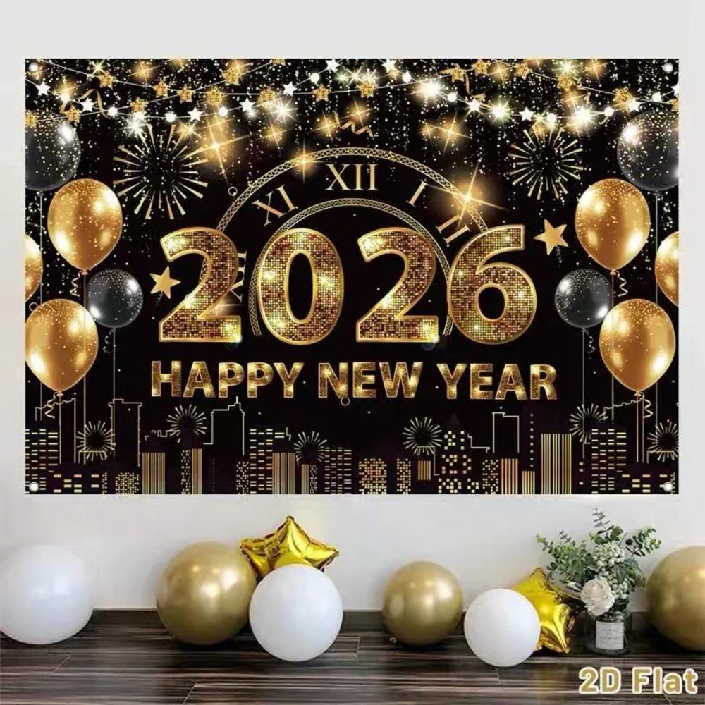Shiny 2026 New Year Backdrop Banner Colorful Balloon Black Gold Photography Background Letter Champagne Celebration Banner Event