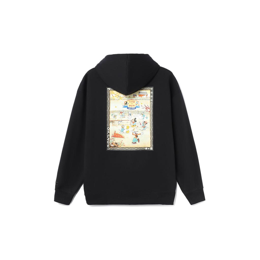 Li-Ning Совместный бренд Disney с забавным мультяшным принтом, пуловер с капюшоном на флисовой подкладке, топы унисекс, черный AWDR687-5