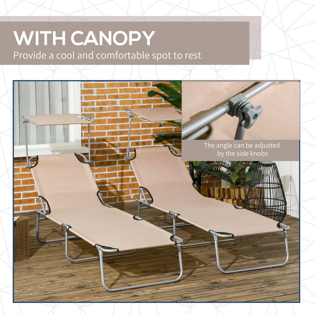 Folding Sun Lounger Set Of 2 With Canopy Reclining Sunbed With 4 Position Adjustable Backrest 600D Oxford Cloth