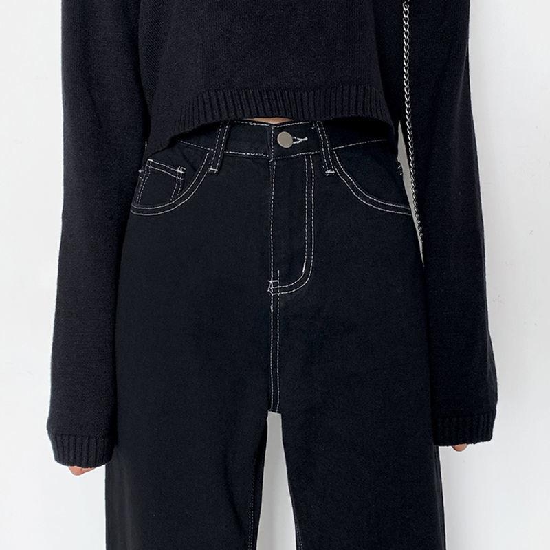 Черные Прямые Джинсы-Гаремы Женские Весна Осень Новые Преппи Стиль Молодежные Яркая Отделка Свободные С Завышенной Талией Повседневные Брюки