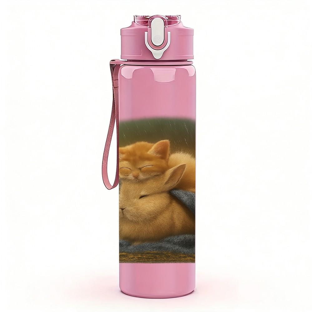 1PC Lazy Cat Cushion Portrait 750ml Color Plastic Sports Water Bottle Leakproof Flip Straw Lid Suitable for Sports Office Home Use