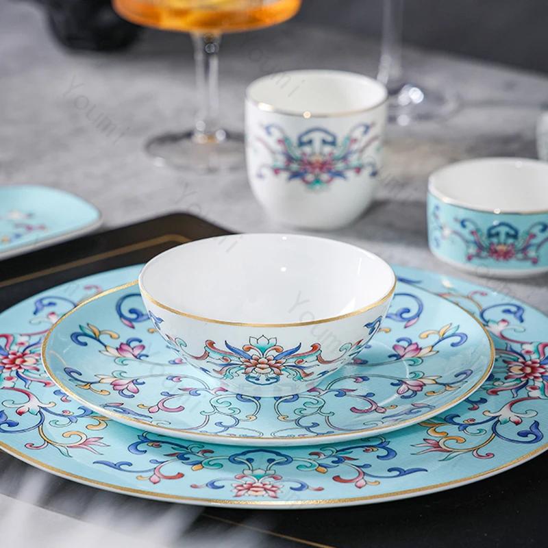 Ретро эмалированные цветные обеденные тарелки, легкие роскошные креативные миски и наборы тарелок для отелей, изысканные блюда, бытовая керамическая тарелка