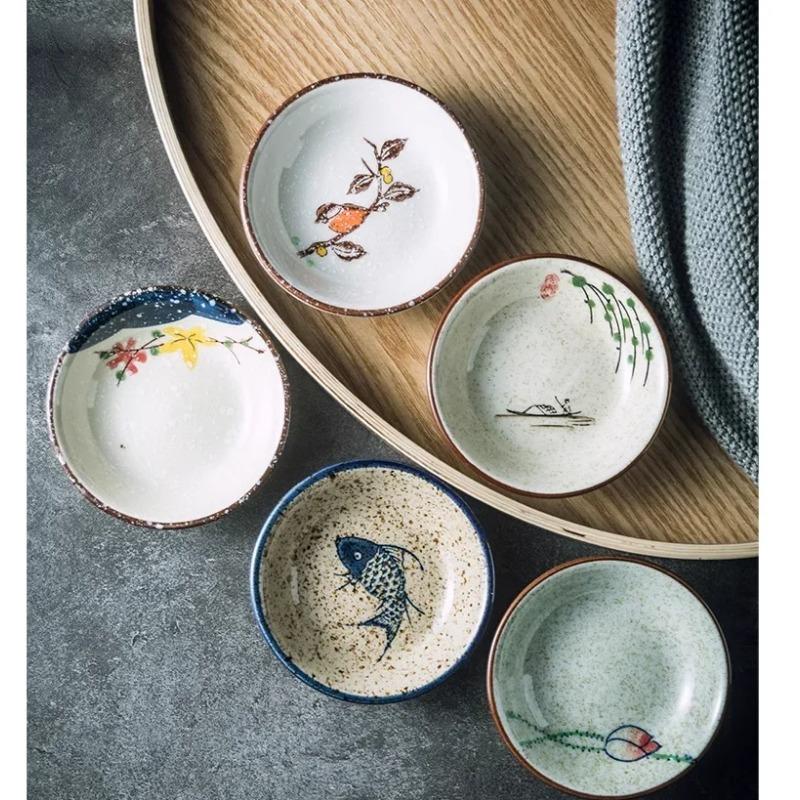 Керамическая тарелка с японским узором в виде цветов и птиц, фарфоровая тарелка для дегустации, круглая маленькая тарелка, блюдце для макания, кухонная посуда