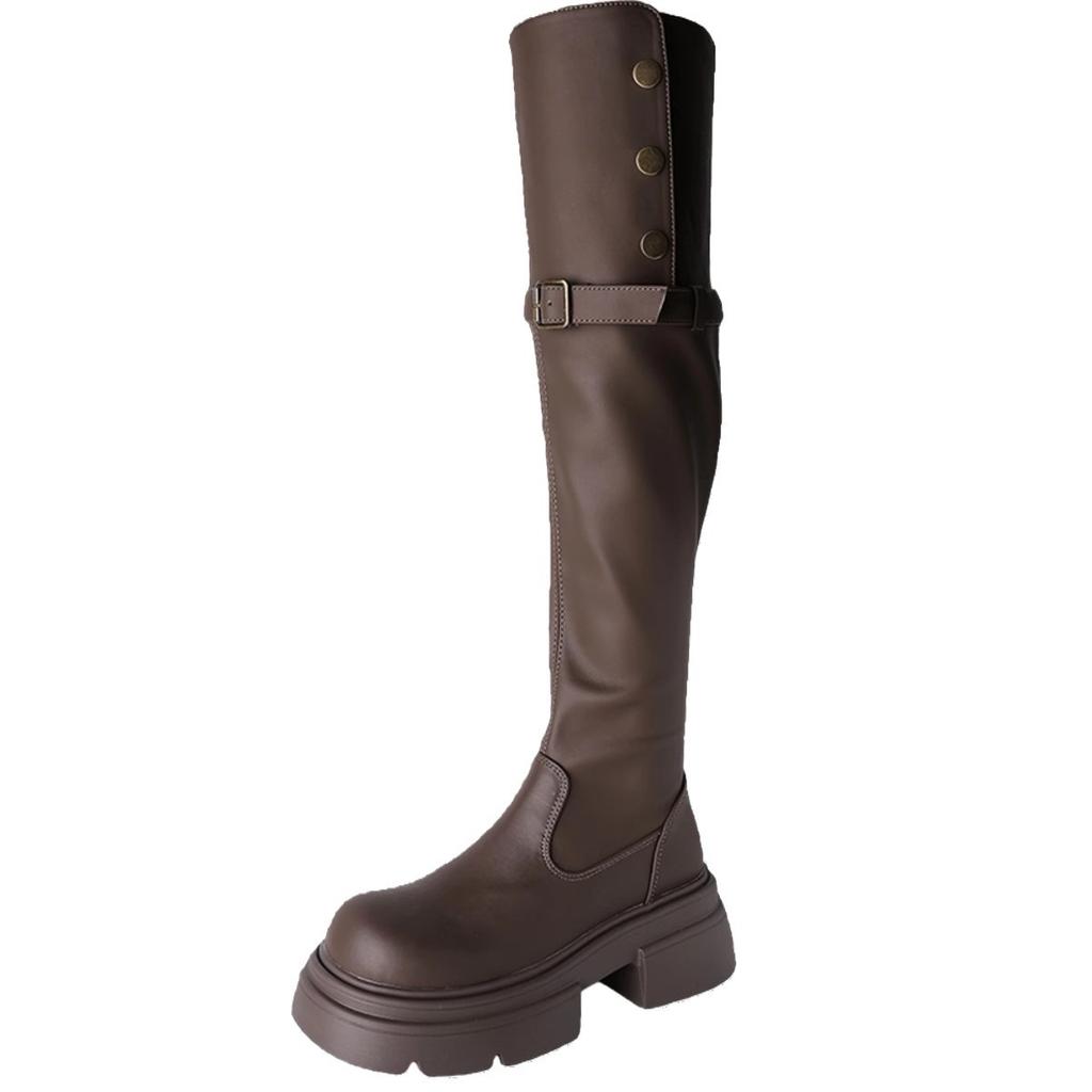 Два носят ботинки на толстой подошве для женщин 2025 осень и зима новые универсальные ботинки на толстом каблуке с широким голенищем рыцарские ботфорты