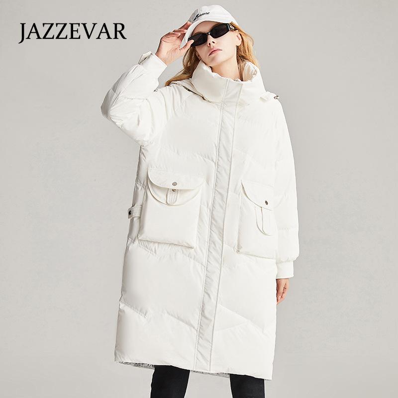 JAZZEVAR Женская шапка с воротником-стойкой, съемный пуховик, зимняя утолщенная свободная куртка средней длины и длины