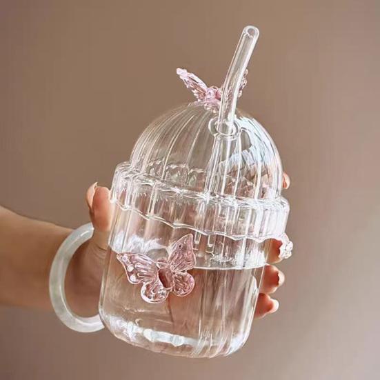 Стеклянная чашка-бабочка с соломинкой и крышкой 400 мл Стакан для питья-бабочки Ретро кружка для кофе Чайная чашка для сока, пива, виски
