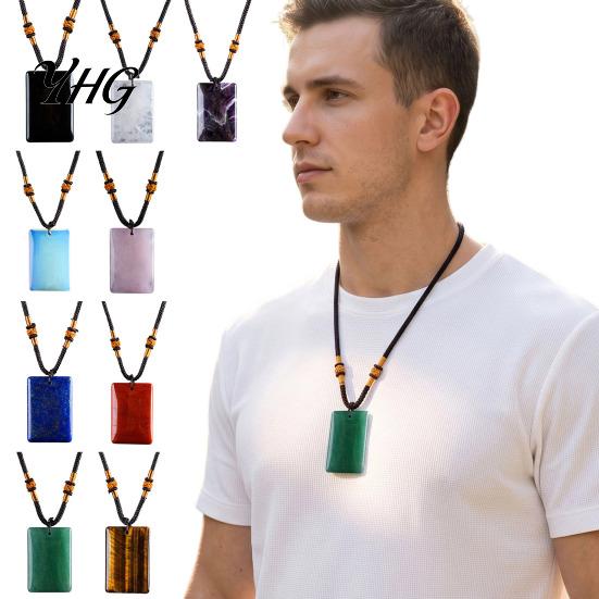 Rectangle Faux Gemstone Necklace Natural Crystal Pendant Necklace, Healing Energy Stone with Adjustable Adults Braided Rope, Polished Fake Jewelry for