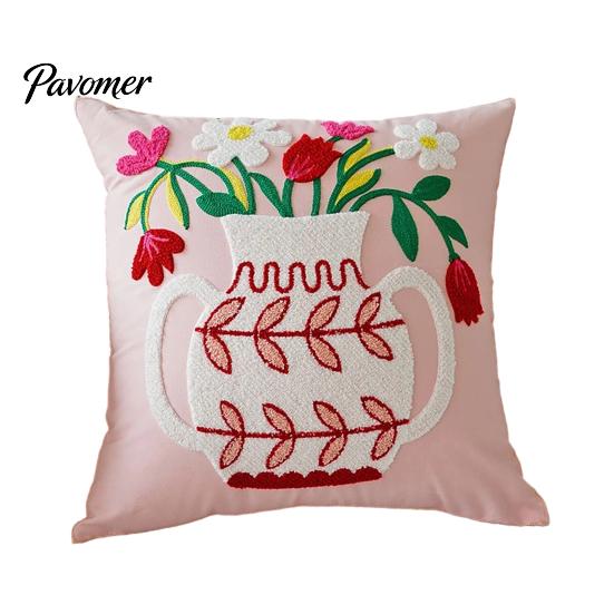 Embroidered Cushion Cases for Sofa Farmhouse Floral Cover, 3D Flower Embroidery Throw Pillow Decorative Square Bedroom Case Living Room Couch Bedroom,