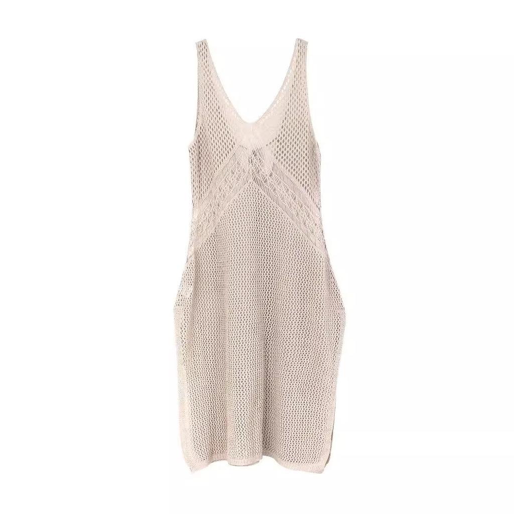 Однотонное ажурное платье без рукавов с V-образным вырезом для пляжного отдыха - Коллекция Весна/Лето