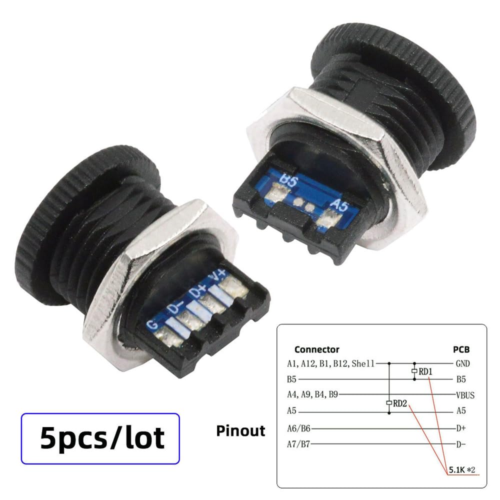 Cablecc Набор DC Power DIY OEM Разъем Type C гнездо PCBA Распайка PD IP67 Монтаж гайкой 5 штук 5В/20В - 6-контактный (Квадратный тип)