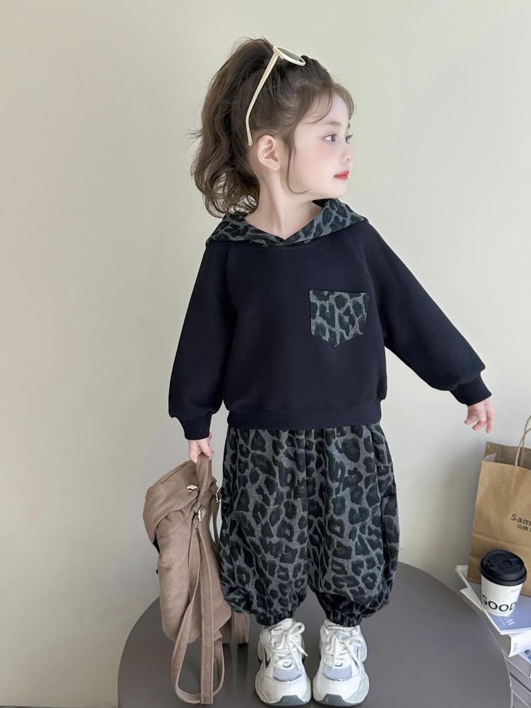 Girls' Korean-Style Leopard Print Hooded Sweatshirt and Pants Set - 2025 Spring/Autumn Fashion