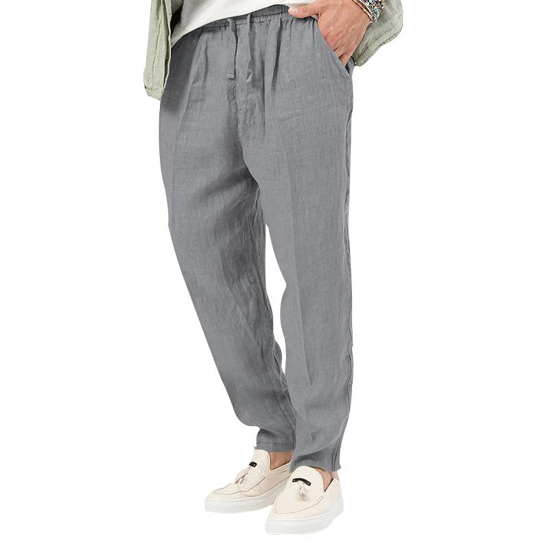 Летние тонкие мужские брюки большого размера, однотонные хлопковые льняные брюки с завязками