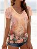 2025 Женская Модная Футболка Цветочный Графический Модный Короткий рукав V-образный вырез Обычный Топ