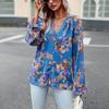 Women's Autumn V Neck Lantern Sleeve Button Elegant Fragmented Blouse Shirt Floral Tops