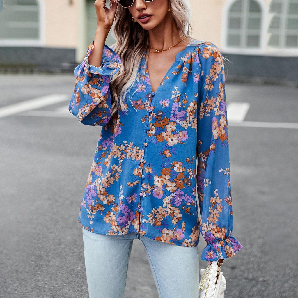Women's Autumn V Neck Lantern Sleeve Button Elegant Fragmented Blouse Shirt Floral Tops