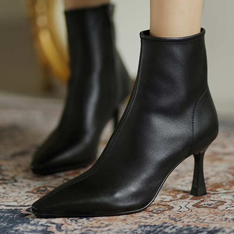 Модные туфли на среднем каблуке с тонким каблуком, современные ботинки с острым носком, 2024 г., высококачественные женские однотонные ботинки на молнии, лаконичные осенние женские ботинки