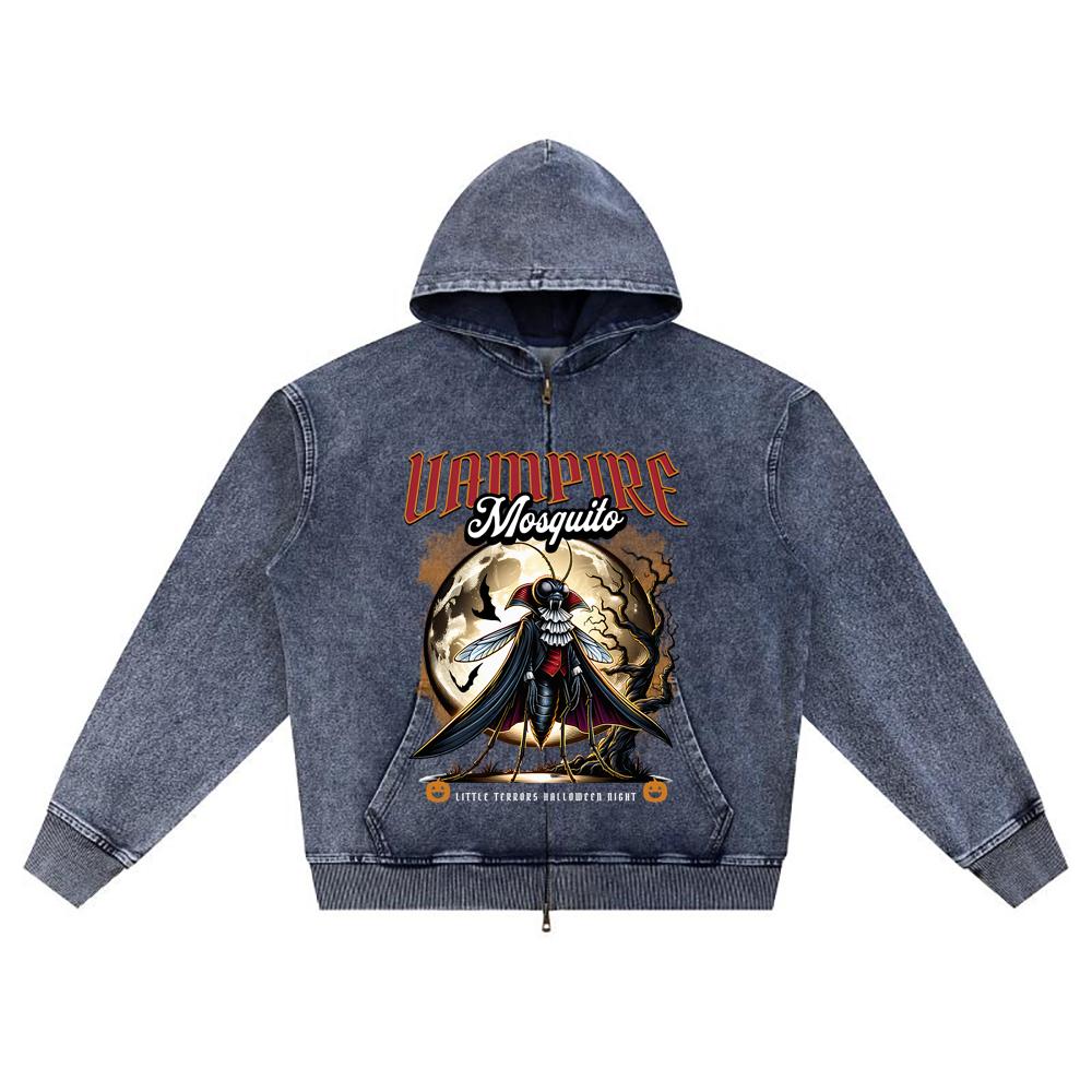 DTG Print Knitted Denim Zip-Up Hoodie Vampire Mosquito Brother Print Zipper Hoodies  