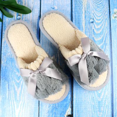 Пушистые элегантные домашние тапочки с бантом, мягкая подошва для спальни с плюшевой подкладкой, нескользящие напольные бесшумные тапочки