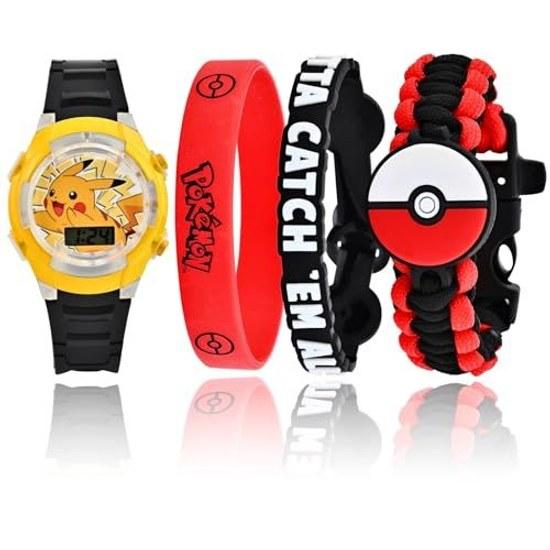 Цифровые часы Accutime в стиле Pokemon для детей POK40055 Желто-Черно-Красные - В комплекте 2 резиновых браслета Браслет для выживания Красный.