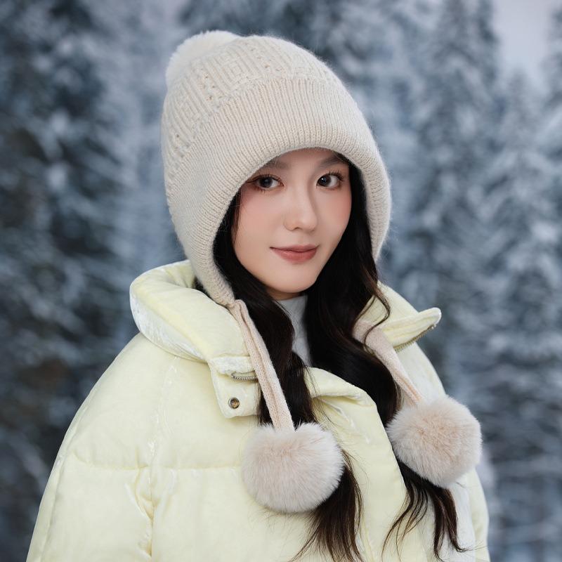 Premium Hairball Knitted Hat Winter Hat Women's Plush Versatile Wool Hat Rabbit Hair Ear Protector Warm Hat