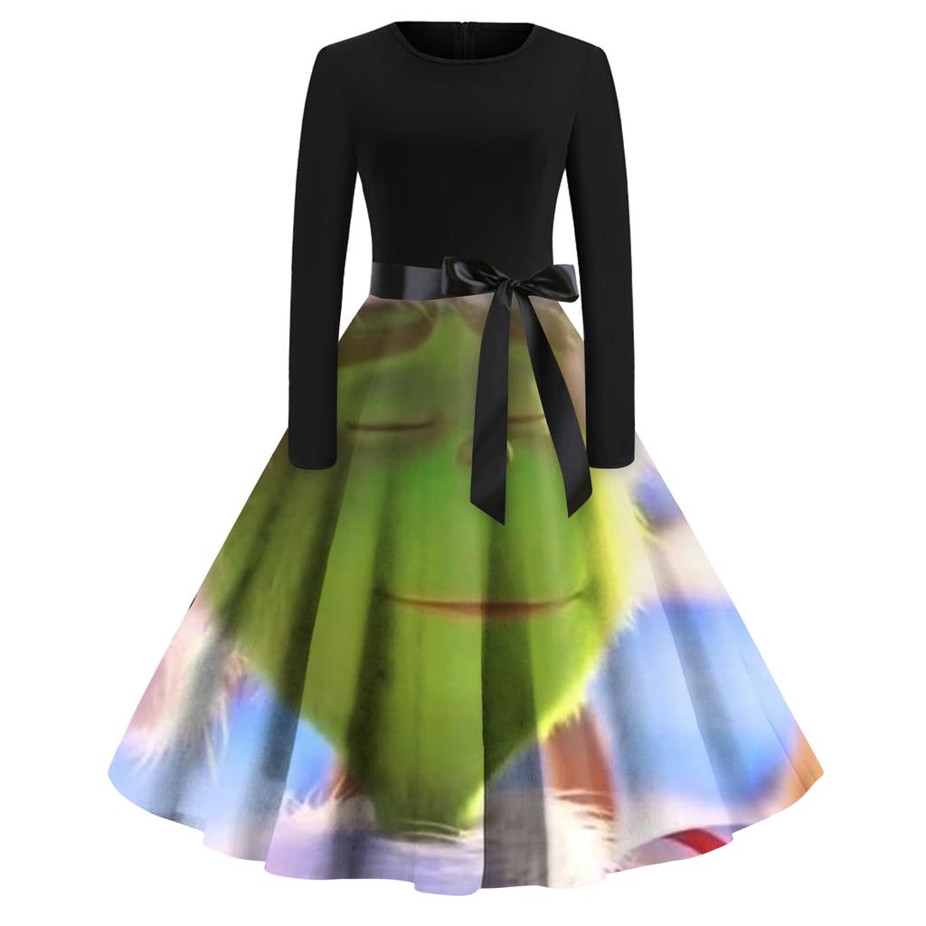 Женское рождественское расклешенное платье с принтом для женщин, платье с длинным рукавом, вечерние повседневные платья