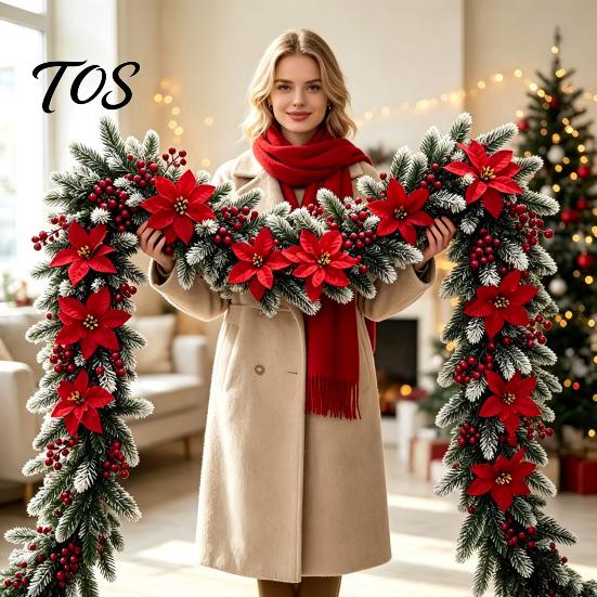 Covered Porch Fence Decoration 5.9Ft Artificial Christmas Poinsettia Garland with Frosted Pine Branch and Red Flexible Plastic Vines Berries, Festive