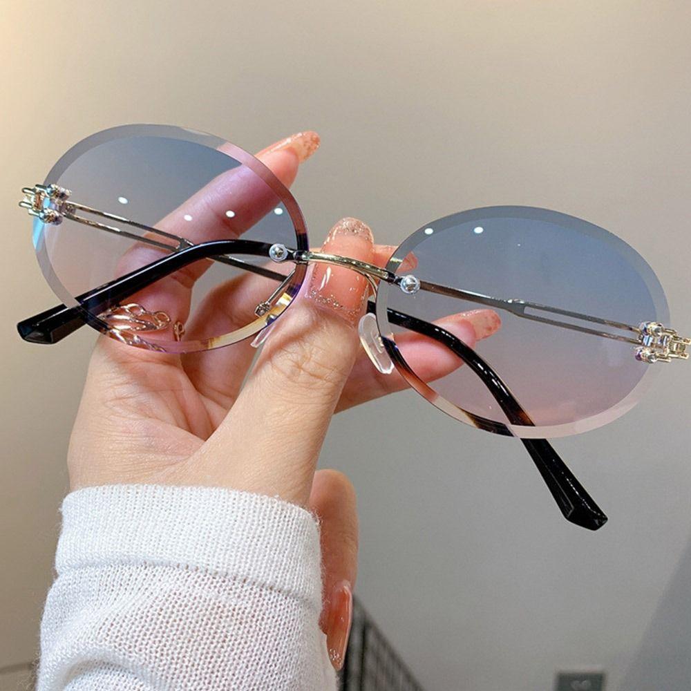 Rimless Oval Sunglasses Vintage Metal Punk Sun Glasses Trendy Frameless Shades Uv400 Protection Gradient Lens Glasses