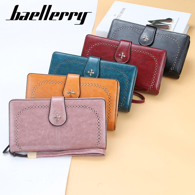 Baellerry Women's Long Purse Vintage Fashion Wallet Zipper Coin Purse Simple Card Holder Multi-card Slot Clutch Bag with Lanyard
