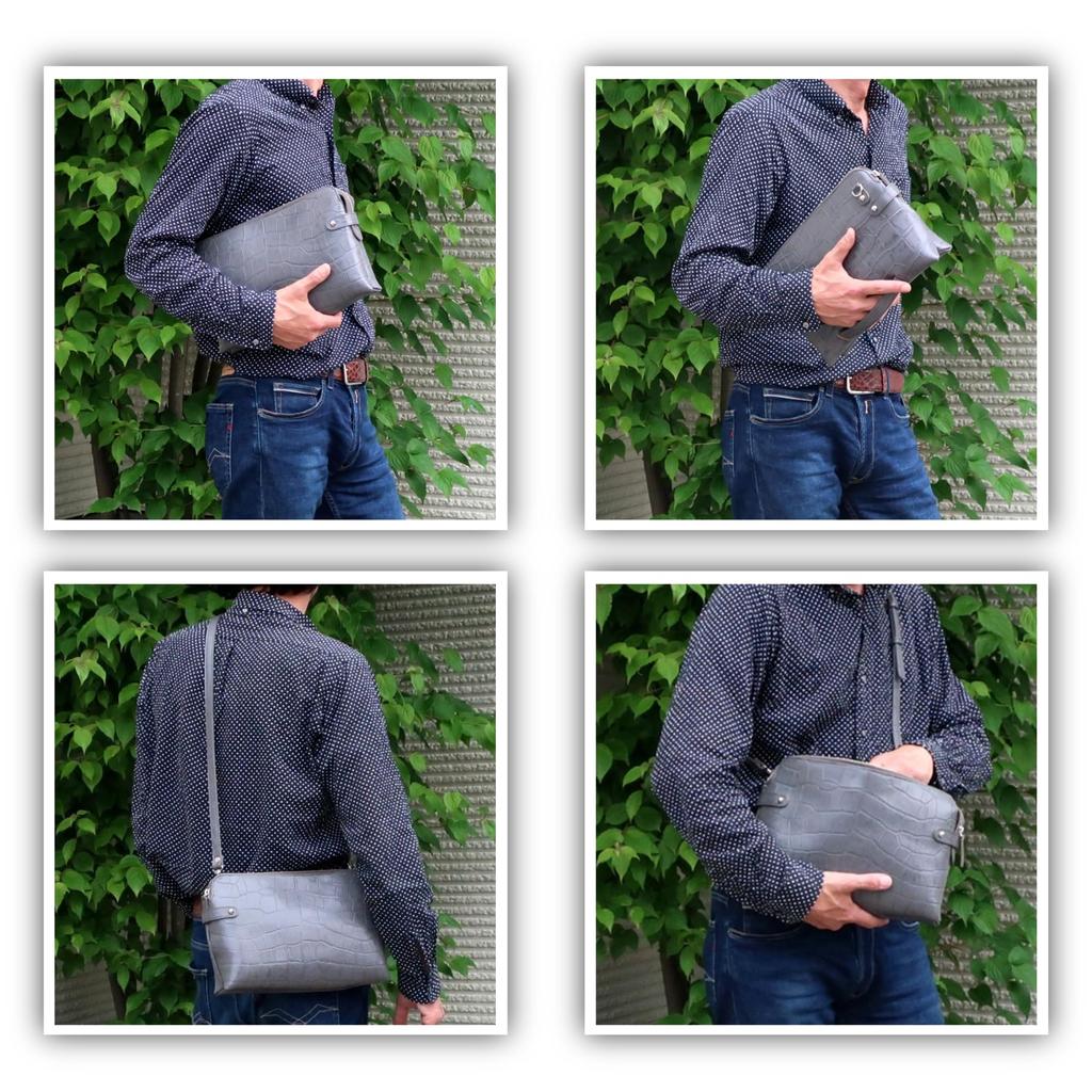 Мужской кожаный клатч COXSWAIN с тиснением под крокодила, серый, с ремешком, CW1605CS GRAY, Сделано в Японии